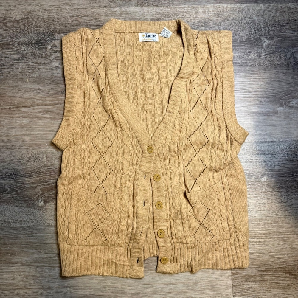 Vintage Empire Knitwear Gene Stuart Tan Cable Knit Cardigan Vest Mens Medium